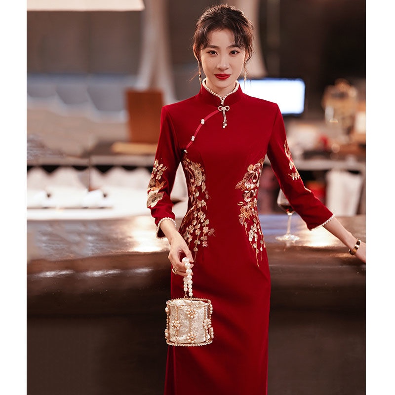 Đầm Sườn Xám Tay Dài Phong Cách Trung Hoa Mới 2023