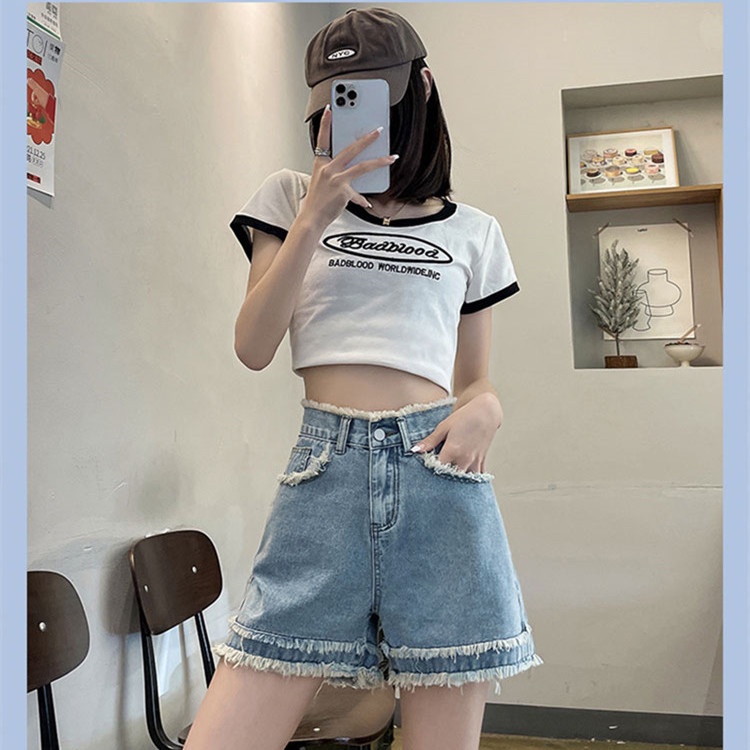 Quần Short Denim Jiashucheng Lưng Cao Ống Rộng Phong Cách Hàn Quốc Thời Trang Mùa Hè 2023 Mới