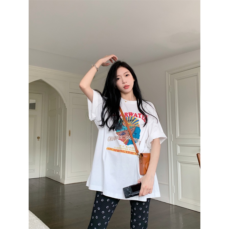 Áo Thun Tay Ngắn Dáng Rộng In Họa Tiết Vintage Thời Trang Mùa Hè Cho Nữ