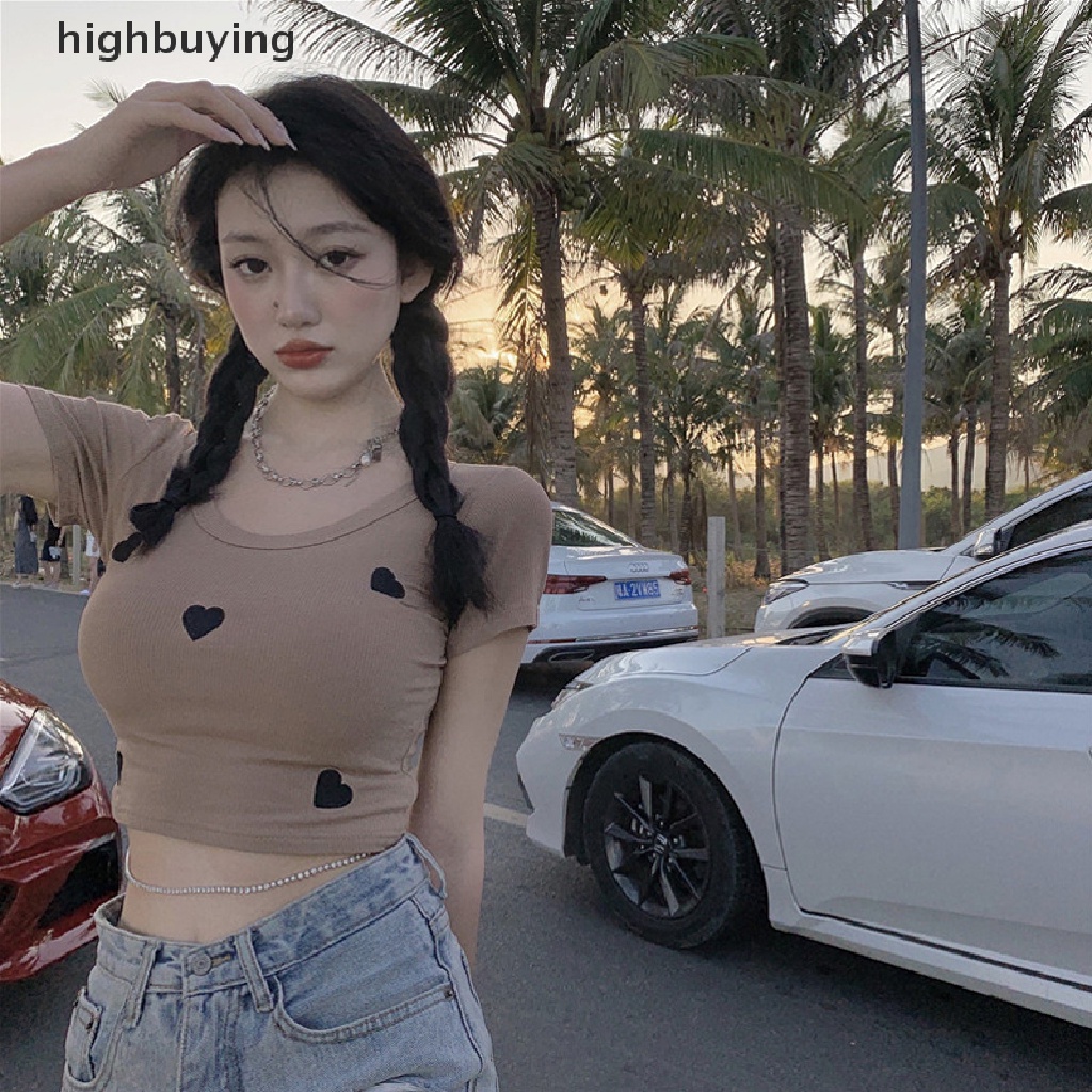 Áo Croptop Dệt Kim Ngắn Tay Cổ Tròn Thêu Họa Tiết Trái Tim Đáng Yêu Cho Nữ