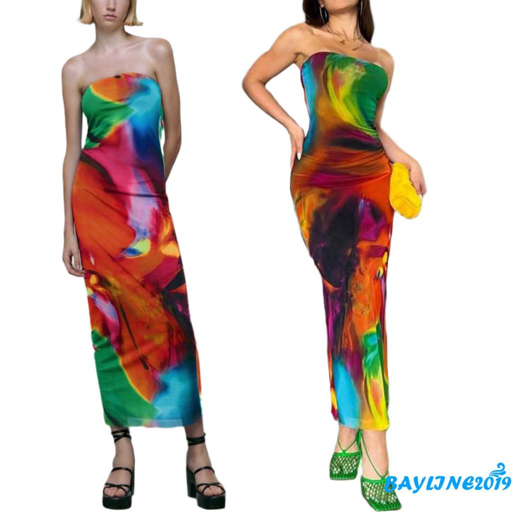 Đầm Dài Hở Vai Không Tay Nhuộm Màu Thời Trang Mùa Hè Cho Nữ