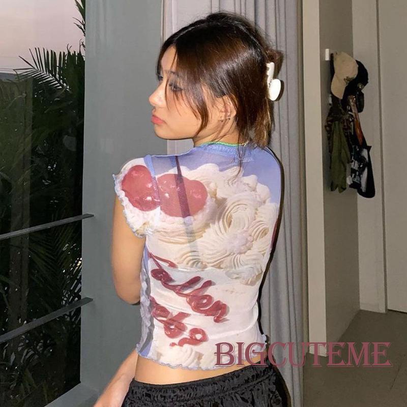 [] Áo Thun Lưới Tay Ngắn In Chữ Lettuce Trim Thời Trang Mùa Hè Dành Cho Nữ Đi Tiệc Đường Phố