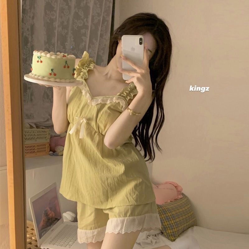 Bộ Đồ Ngủ Hai Dây Phối Ren Có Miếng Đệm Ngực Thời Trang Mùa Hè Cho Nữ