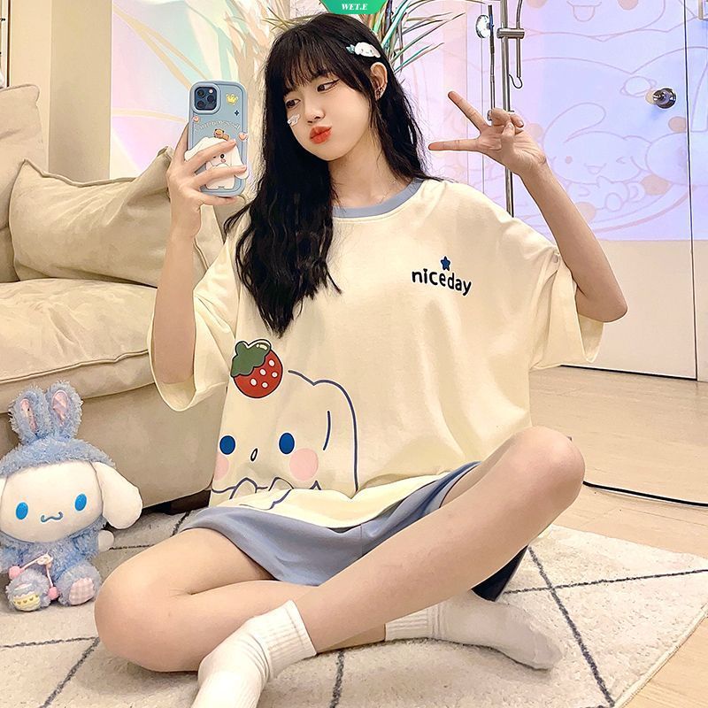 SANRIO Bộ Đồ Ngủ Tay Ngắn Cổ Tròn In Hình Cinnamoroll Dễ Thương Thời Trang Mùa Hè 2023 Phong Cách Nhật Bản Cho Nữ