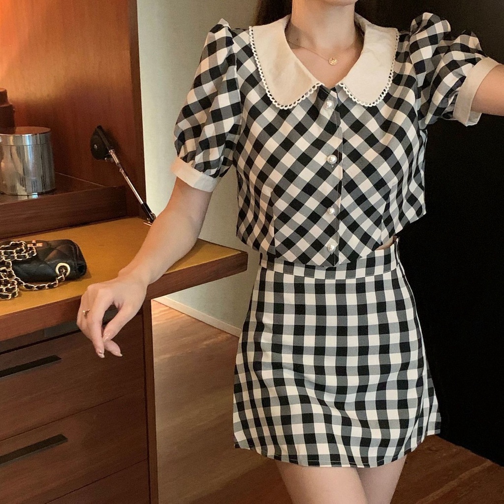 Bộ Áo Ngắn Tay Cổ Peter Pan + Chân Váy Lưng Cao Thời Trang Retro Hong Kong 2023