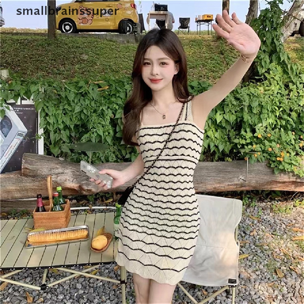 Đầm Ngắn Hai Dây Mỏng Mùa Hè 2023 Họa Tiết Kẻ Sọc Cổ Điển Cho Nữ