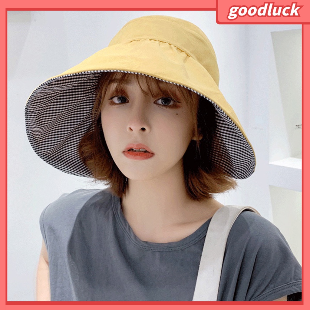 [GOO] Mũ Tai Bèo Che Nắng Hở Chóp Có Dây Đeo Hai Mặt Chống Gió Có Thể Điều Chỉnh Vành Rộng Kẻ Sọc Caro Bảo Vệ Mặt Có Lớp