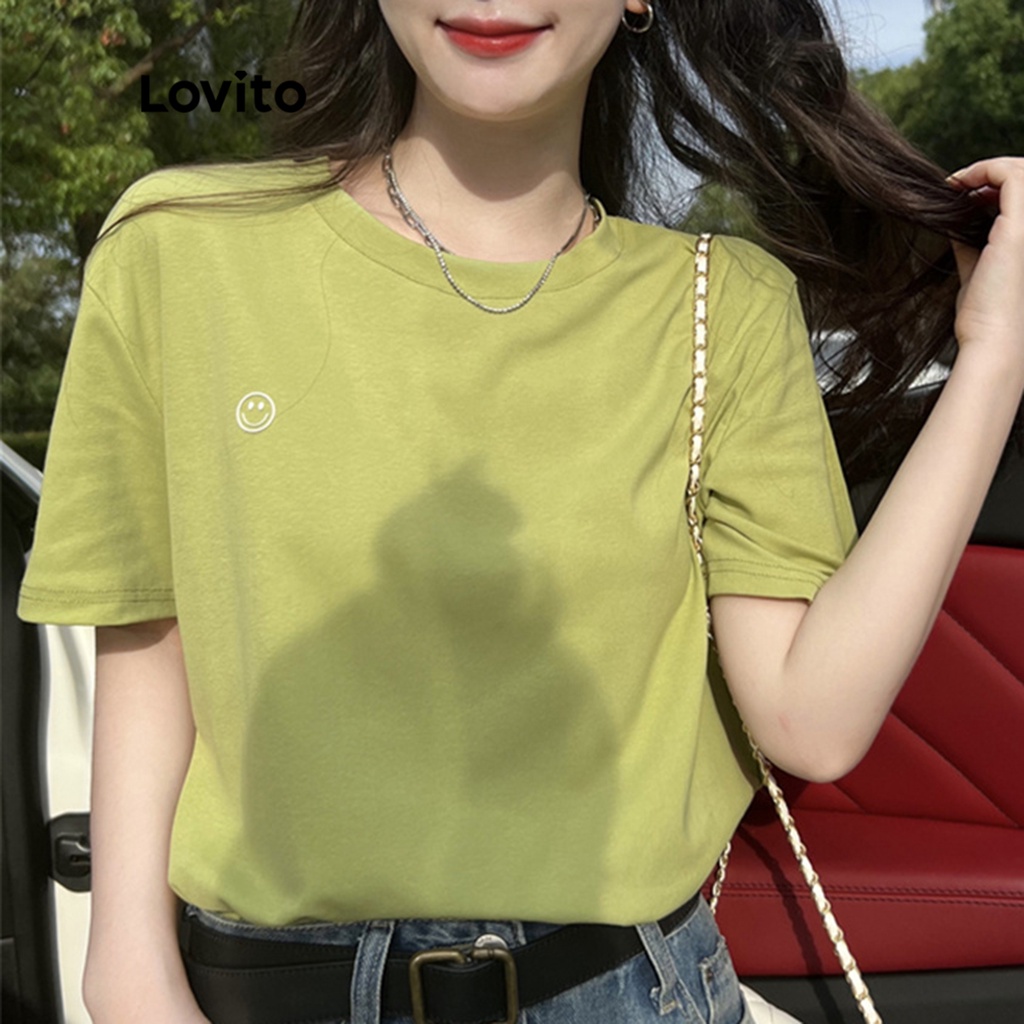 Áo thun Lovito tay ngắn cổ tròn phối vá họa tiết hoạt hình thường ngày cho nữ LNE06061 (màu xanh lá)