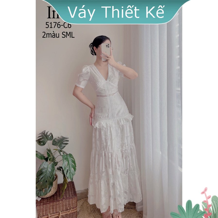 váy trắng cổ tim phối ren trắng C6 SML 5176