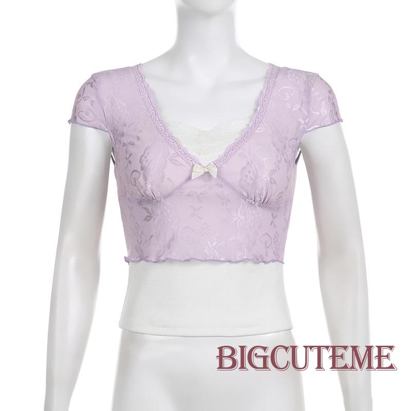 [] Áo Crop Top Nữ Tay Ngắn Phối Ren Áo Thun Kiểu Dáng Kawaii Đáng Yêu