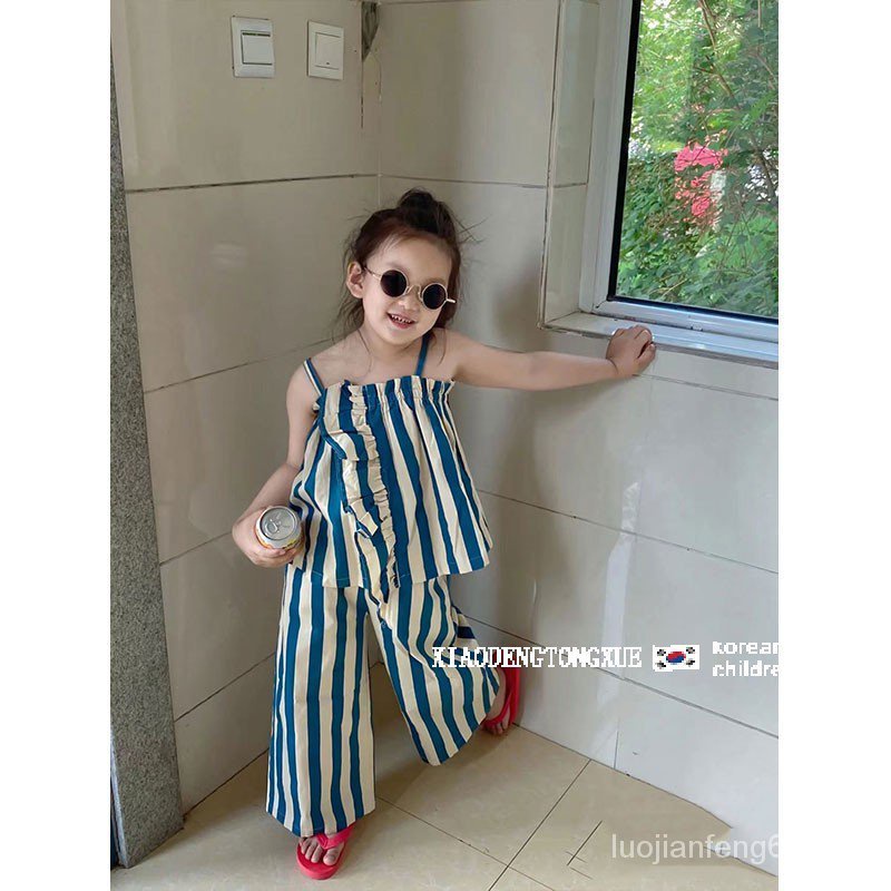 Gerald children's wear children's striped suit 2023 Summer Korean style western style lace suspender top wide leg pants two-piece set VON4