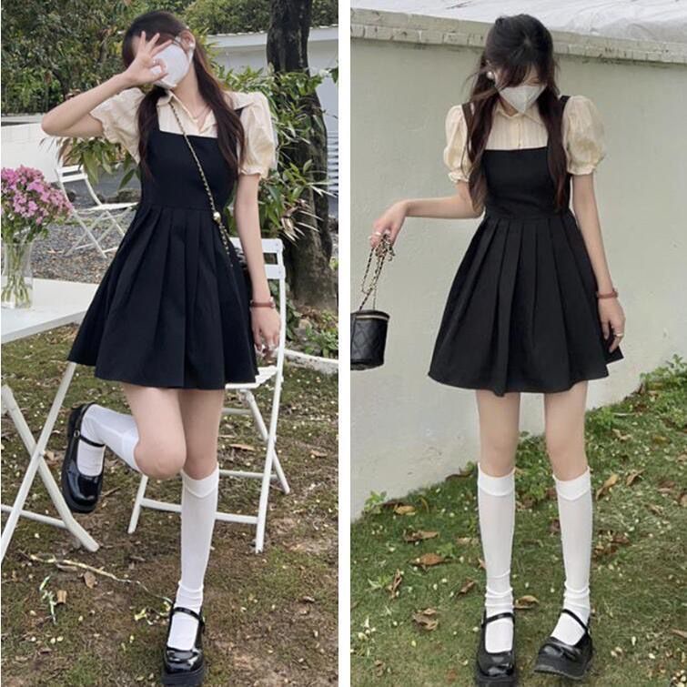 Bộ Áo Tay Phồng Ôm Eo Phối Chân Váy Chữ A Xếp Ly Thời Trang Mùa Hè Cho Nữ