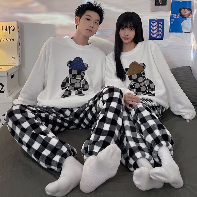 Bộ Đồ Ngủ Hai Mảnh Bằng Vải Nhung San Hô Dày Phong Cách Hàn Quốc Thời Trang Thu Đông Mới Dành Cho Cặp Đôi