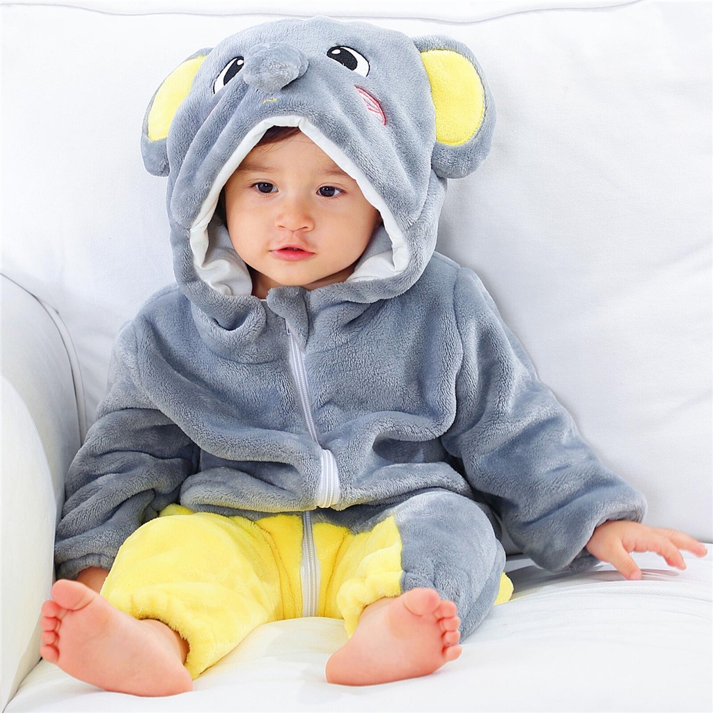 Bộ Áo Liền Quần Có Nón In Họa Tiết Hoạt Hình Động Vật Dễ Thương Thời Trang Mùa Đông Cho Bé Sơ Sinh