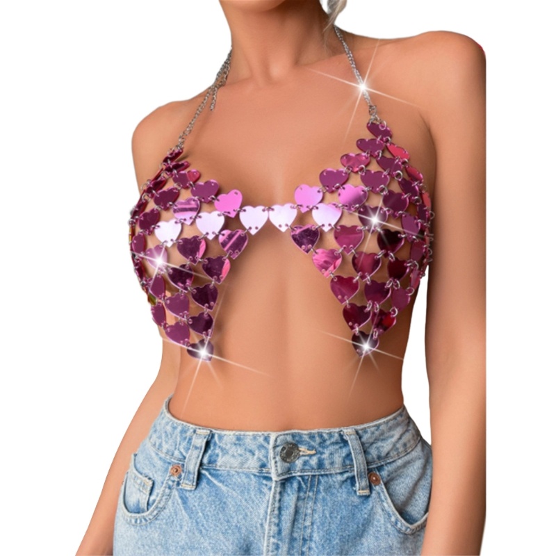 Áo Ngực Dạng Crop Top Cổ Chữ V Đính Kim Sa Hình Trái Tim Gợi Cảm Cho Nữ