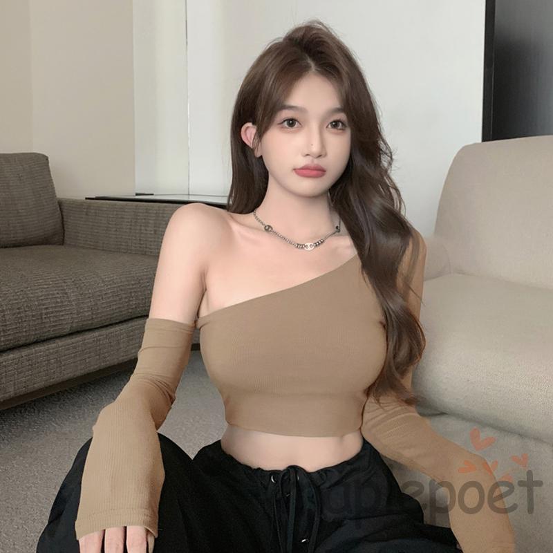 Áo Thun Croptop Tay Dài Lệch Vai Màu Sắc Đơn Giản Dành Cho Nữ