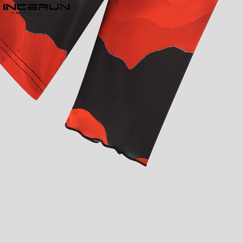 INCERUN Áo Thun Dệt Kim Tay Dài Cổ Cao Co Giãn In Họa Tiết Hoa Hồng