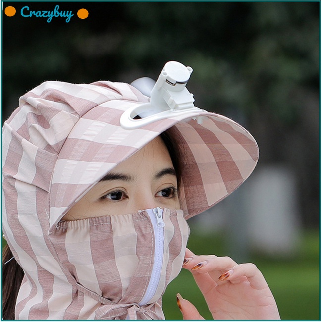 Cr Mũ Chống Nắng Chống Gió Bảo Vệ Mặt Và Cổ Họa Tiết Kẻ Sọc Kèm Quạt