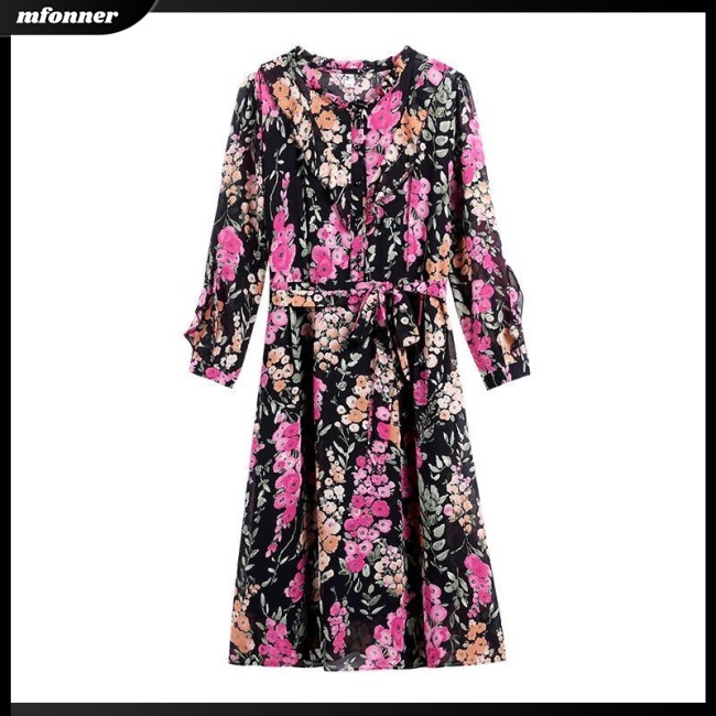 Đầm Midi Tay Dài Cổ Tròn Cột Dây Họa Tiết Hoa Thiết Kế Thoáng Khí Siêu Nhẹ Thời Trang Cho Nữ