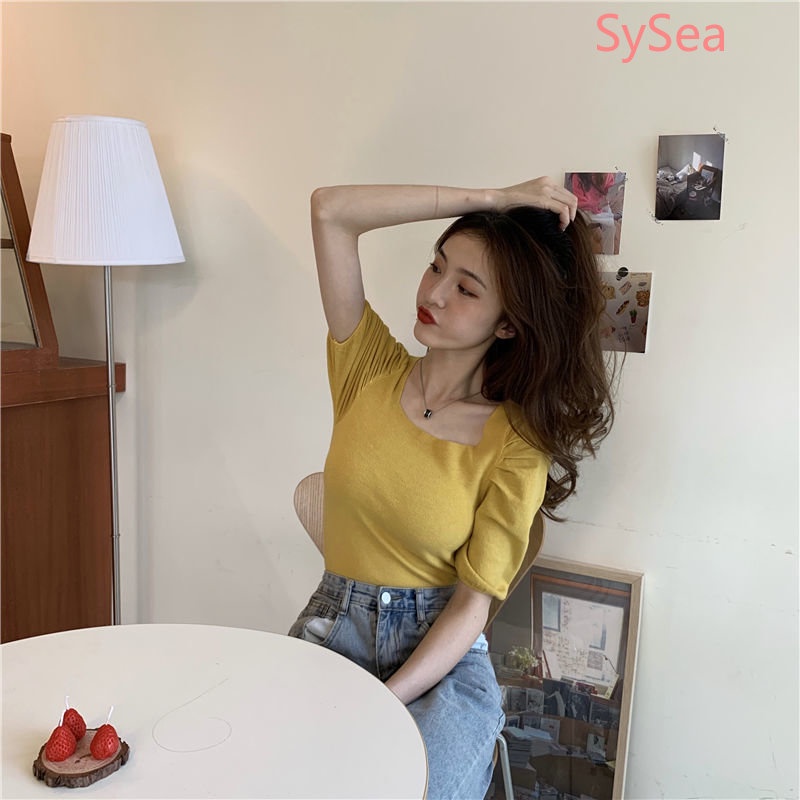 Áo Dệt Kim Tay Phồng Cổ Vuông Xếp Ly Xinh Xắn Cho Nữ