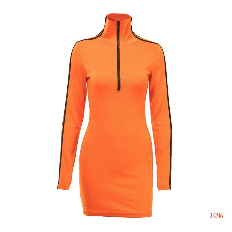 Xiangbao Đầm Ôm Mini Tay Dài Cổ Lọ Màu Sáng Có Dây Kéo Gợi Cảm Cho Nữ