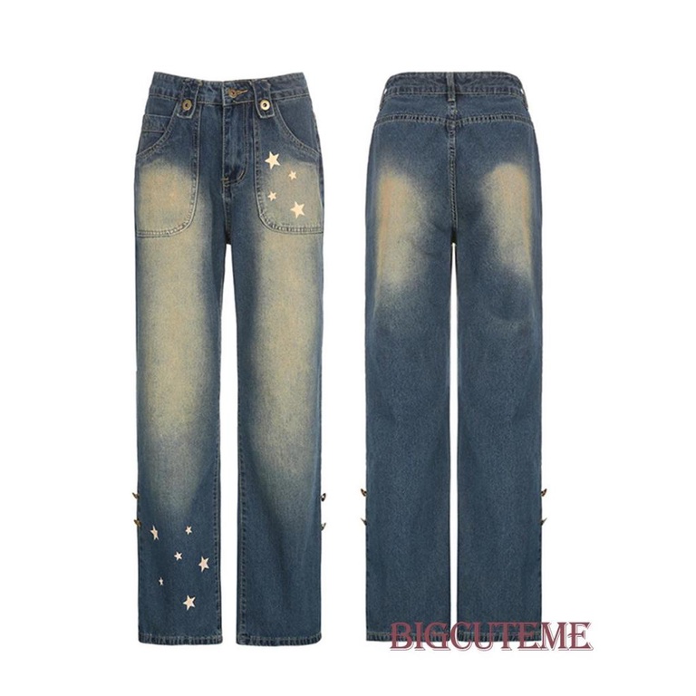 Quần Jean Dài Eo Thấp Dáng Rộng In Hình Ngôi Sao Kiểu Retro Thời Trang Xuân Thu Cho Nữ
