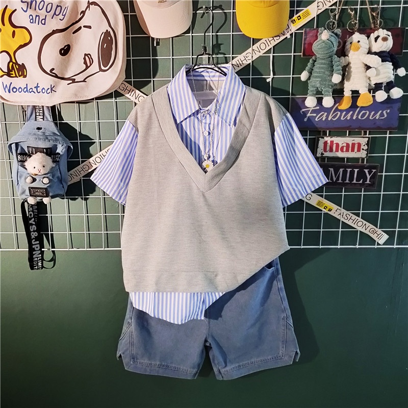 Áo Sơ Mi Giả Hai Lớp + Quần Short Dáng Rộng Thời Trang Mùa Hè Cho Nam