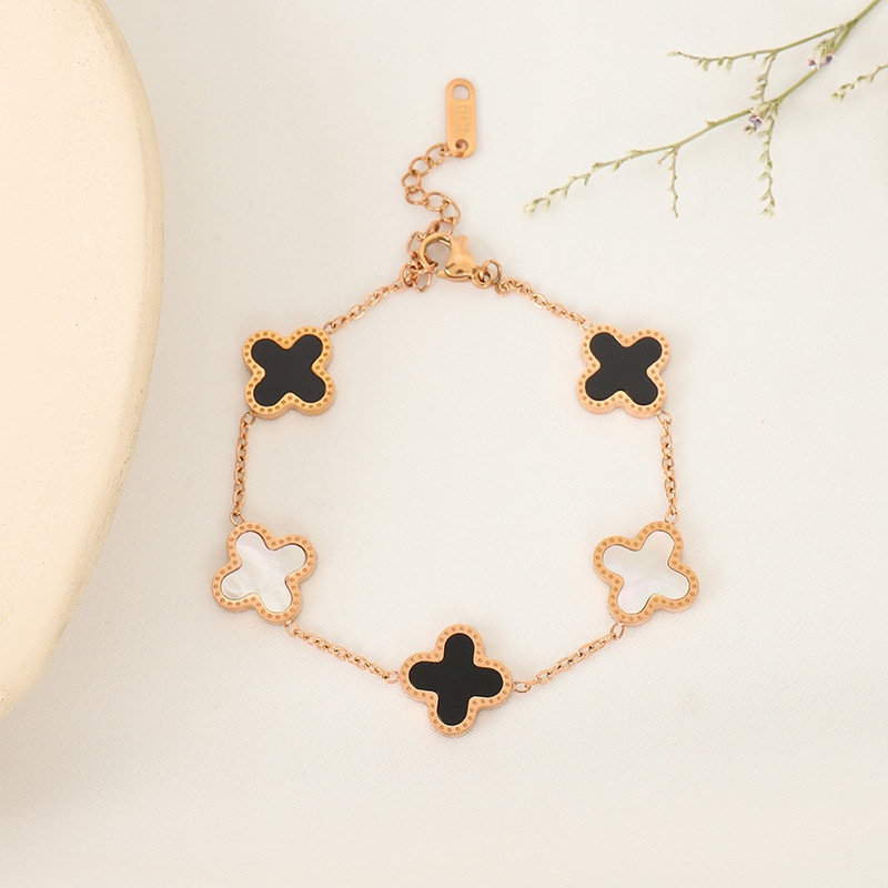 【hàng sẵn sàng】Lắc tay 18K Vàng Nữ Đôi Cỏ 4 lá 5 Hoa May mắn Thép titan Tối giản Thời trang Có thể điều chỉnh Quà tặng Bạn thân Hàn Quốc Trang sức Phụ kiện
