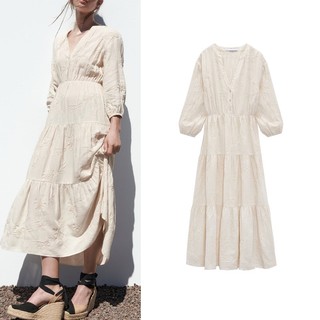 Zara đầm lanh ngắn tay cổ chữ v họa tiết thêu thời trang nữ tính 8741029