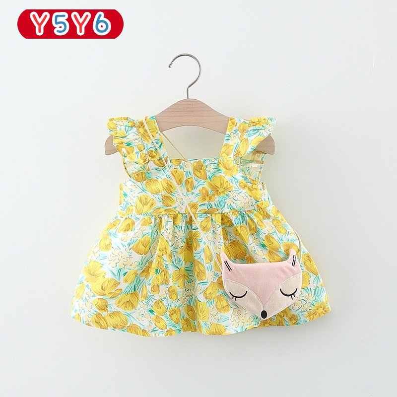 Y5Y6 Đầm Cổ Vuông Tay Ngắn In Họa Tiết Hoa Tulip + Túi Đựng Cáo Thời Trang Mùa Hè Xinh Xắn Cho Bé Gái 0-3 Tuổi