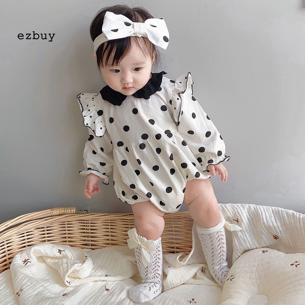 Set 2 Món Áo Liền Quần Bằng Cotton Thân Thiện Với Da In Họa Tiết Chấm Bi + Băng Đô Cài Tóc Cho Bé Gái