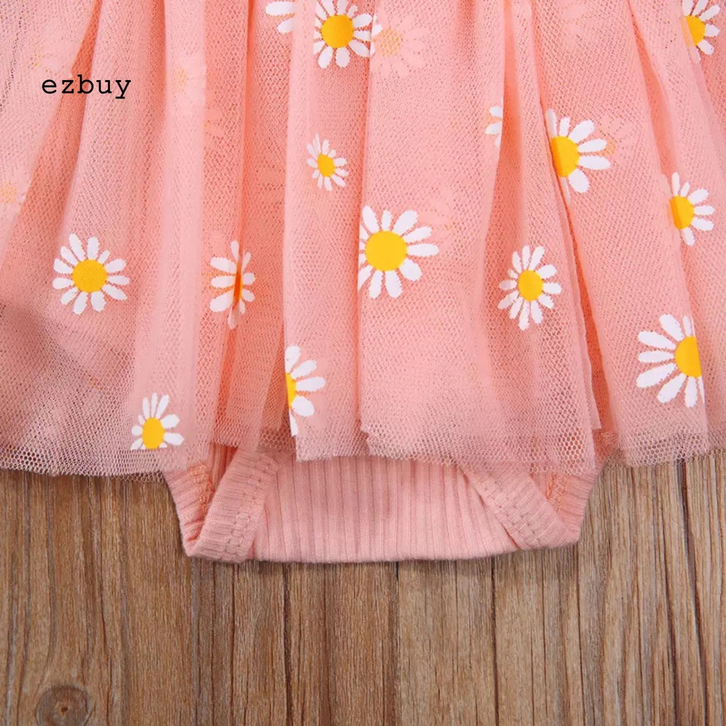 [EY] Bộ Áo Liền Quần Màu Trơn Thắt Nơ In Hoa Phối Lưới Kèm Băng Đô Cài Tóc Cho Bé Gái