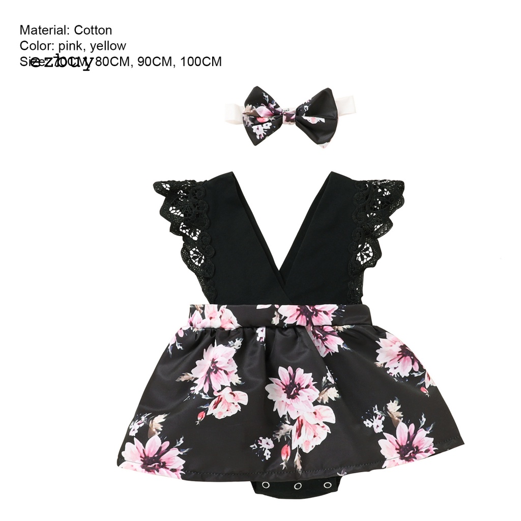 Bộ Đầm Liền Thân Bằng Cotton Họa Tiết Hoa Kèm Băng Đô Thanh Lịch Dành Cho Bé Gái