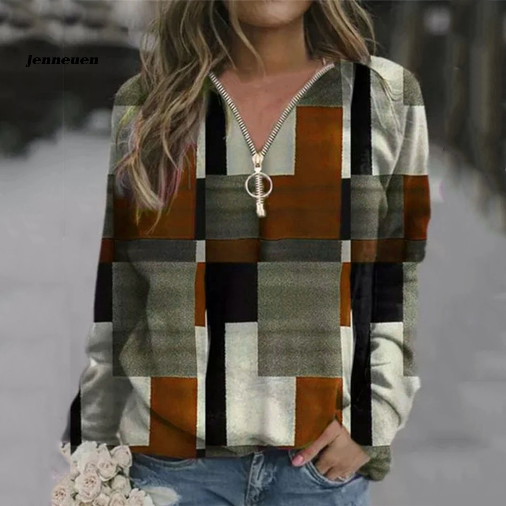 Áo Nỉ Dài Tay Cổ Chữ V Form Rộng Phối Họa Tiết Ca Rô Thời Trang Đường Phố