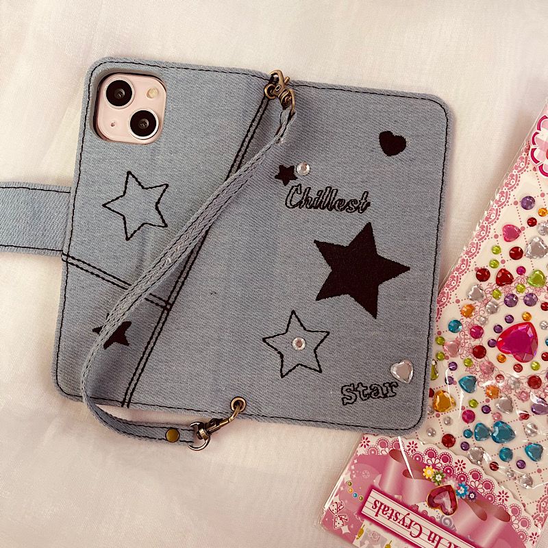 Ốp Điện Thoại Nắp Gập Bằng Denim Thêu Hình Cô Gái Ngọt Ngào Có Ngăn Đựng Thẻ Cho Iphone 12Promax 14 / 11 / 13