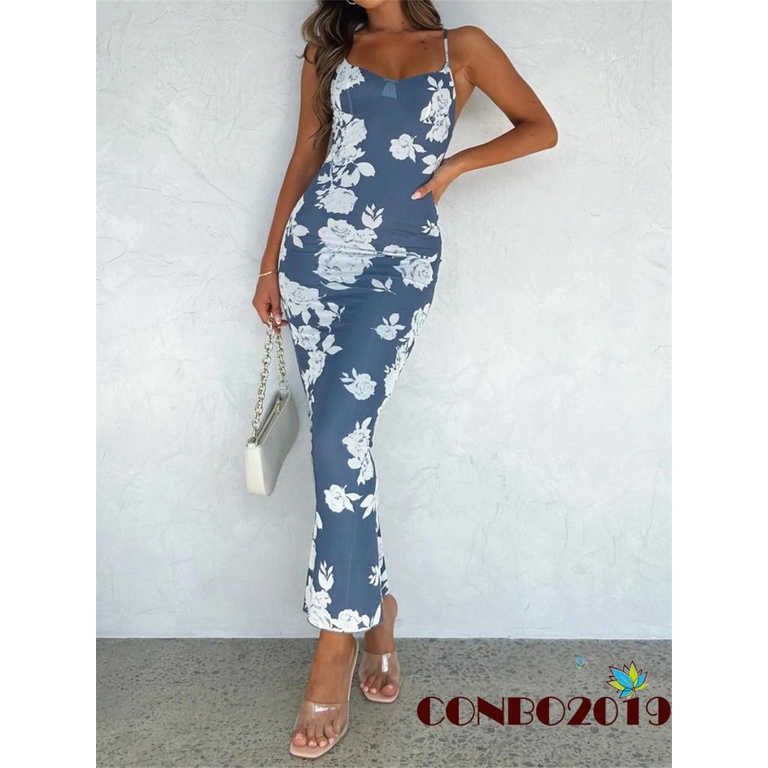 Đầm Hai Dây Dáng Dài Họa Tiết Hoa Hở Lưng Xẻ Tà Thời Trang Mùa Hè Cho Nữ