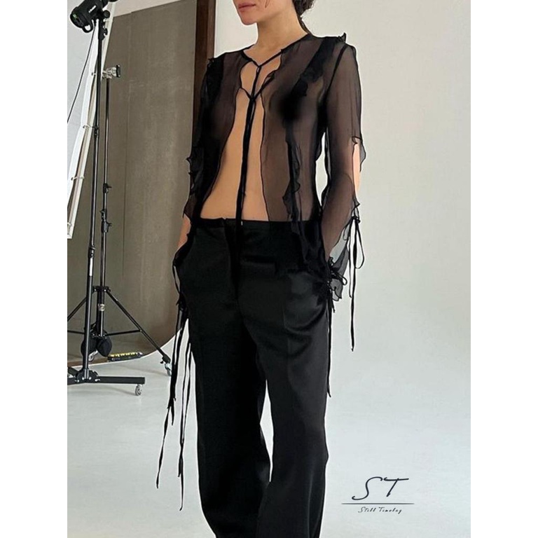 Áo Thun Dài Tay Phối Bèo Xuyên Thấu Phong Cách Đường Phố CY03