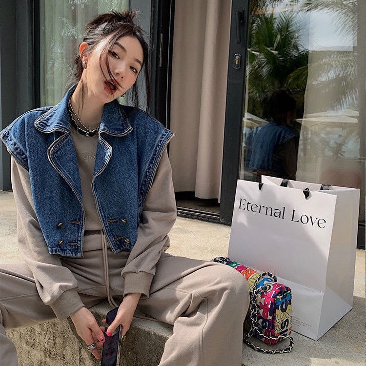 Áo Khoác Denim Sát Nách Dáng Rộng Ngắn Phối Khóa Kéo Kiểu Retro Mỹ Thời Trang Mùa Xuân 2023 Mới