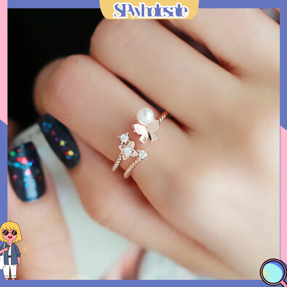 <SPwholesale> Nhẫn Hình Bướm Đính Ngọc Trai Nhân Tạo Thời Trang Dành Cho Nữ