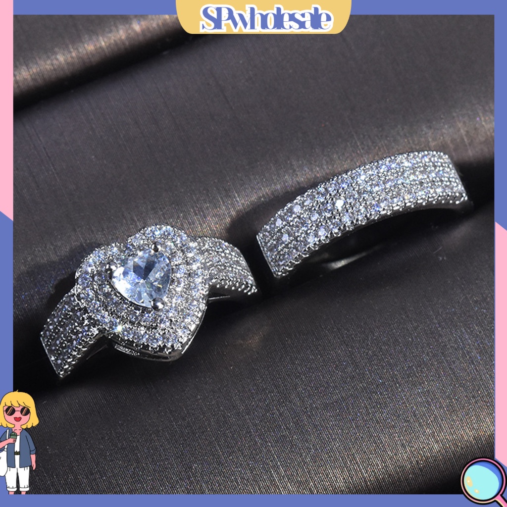 <SPwholesale> Bộ 2 Nhẫn Đính Đá Hình Trái Tim Sang Trọng Cho Cô Dâu