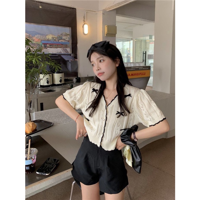 COZOK Áo Thun Dệt Kim Ngắn Tay Khoét Lỗ Đính Nơ Phong Cách retro Thời Trang