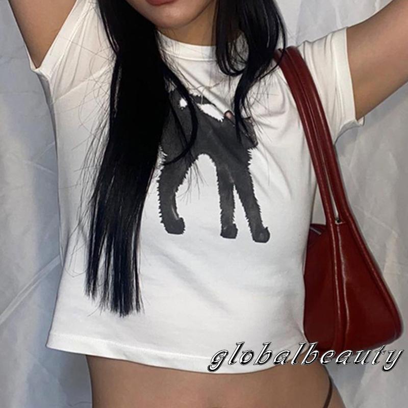 Áo Thun Tay Ngắn Cổ Tròn In Hình Mèo Thời Trang Mùa Hè Dành Cho Nữ