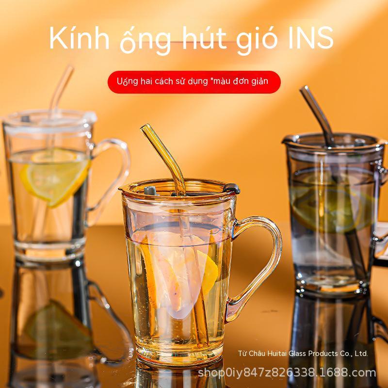 Cốc thủy tinh có tay cầm cốc uống nước có ống hút giá trị cao kiểu instagram cốc sữa ăn sáng có nắp đậy dung tích lớn