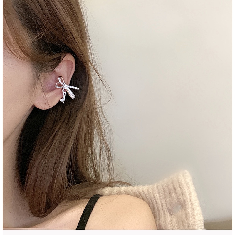 Bông Tai Dạng Kẹp Không Cần Xỏ Lỗ Hình Nơ Đính Đá Kim Cương Toàn Diện Thời Trang Cho Nữ