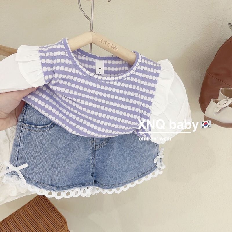 Bộ Áo Thun Tay Phồng Cổ Tròn In Hoạt Hình + Quần Short Denim Thời Trang Mùa Hè Cho Bé Gái