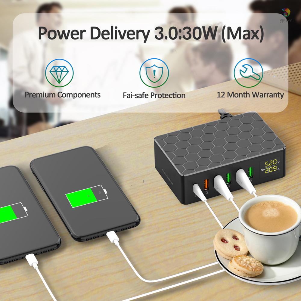 Trạm Sạc USB-A 6 Cổng 65W QC3.0 Nhiều Cổng Có Màn Hình LED Cho Các Thiết Bị Để Bàn