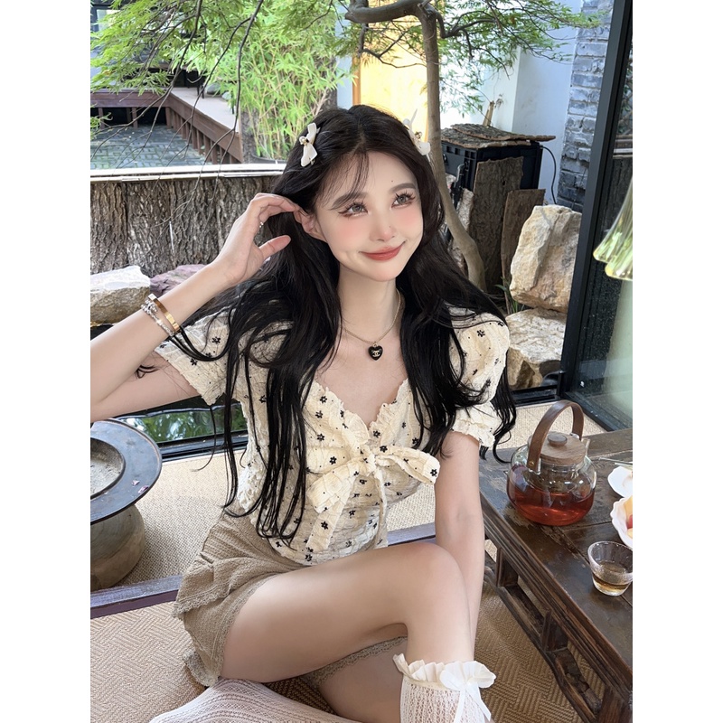 Áo Dệt Kim Tay Phồng Ngắn Phối Nơ Xinh Xắn Che Phủ Toàn Diện