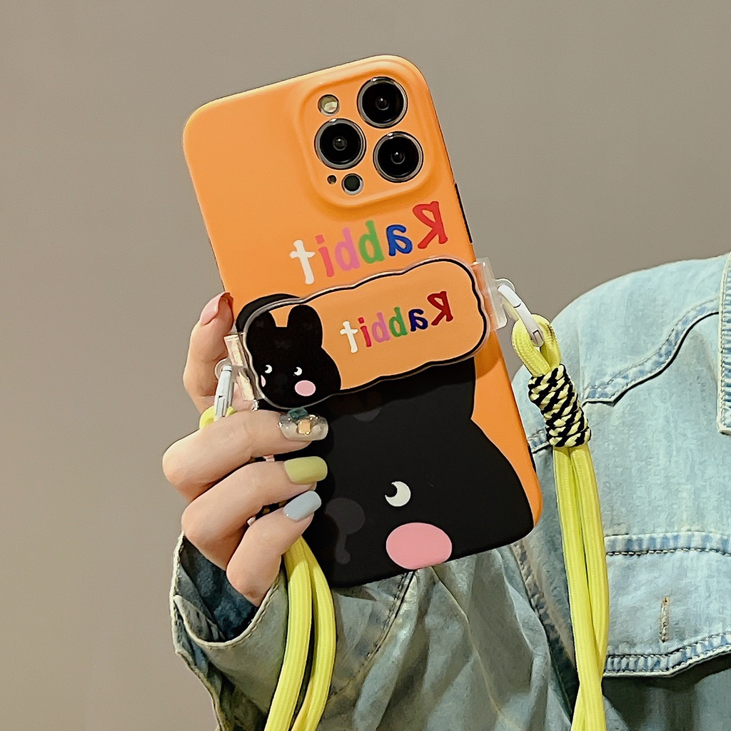 Ốp Điện Thoại TPU Dẻo Họa Tiết Chú Thỏ Đen Kèm Kẹp Chống Rơi Cho iphone 12 14 13 11 Pro Max