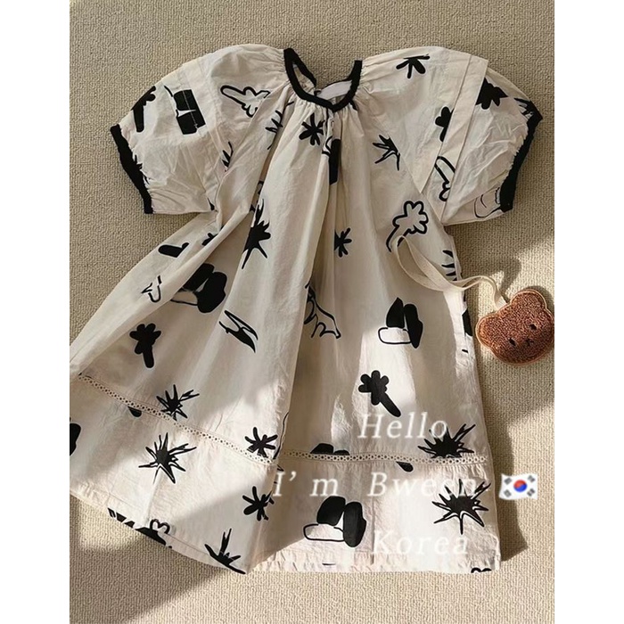 Đầm Tay Ngắn Dáng Rộng In Họa Tiết Thời Trang Hàn Quốc Mới 2023 Cho Bé Gái