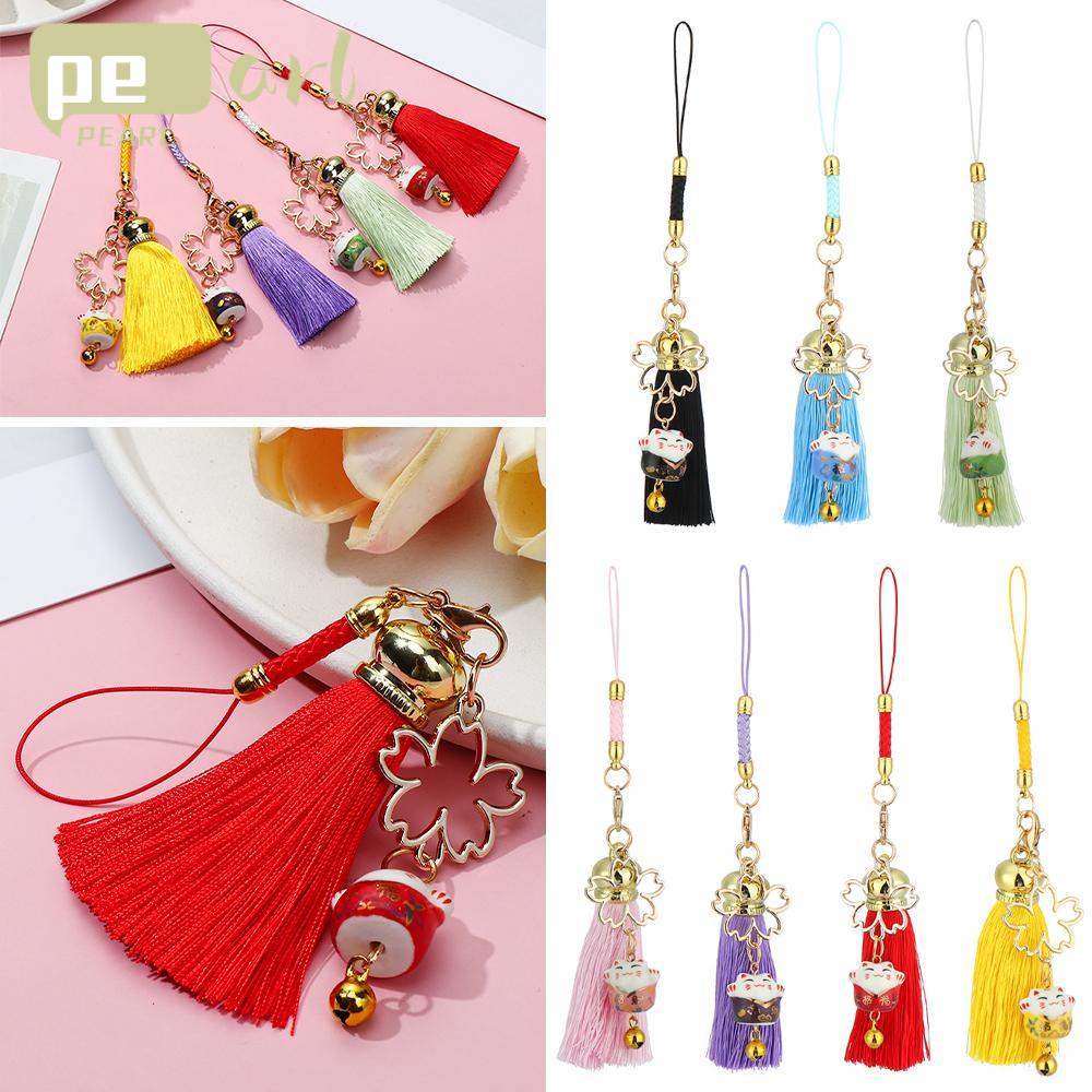 Dây Đeo Điện Thoại / Móc Khóa Hình Mèo May Mắn Đính Hoa Anh Đào Chống Thất Lạc